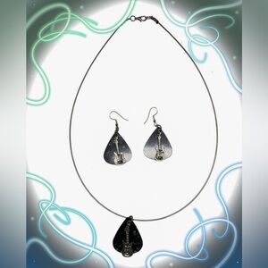 Silver Guitar Pendant Necklace and Earring Set